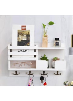 HOOKOR Wall Mounted Key Holder/Hangers for Wall Decorative with 4 Key Hooks, Wooden Mail Rack Organizer with Shelf, Rustic Home Decor for Entryway Mudroom Hallway Office (White)  - Image 1