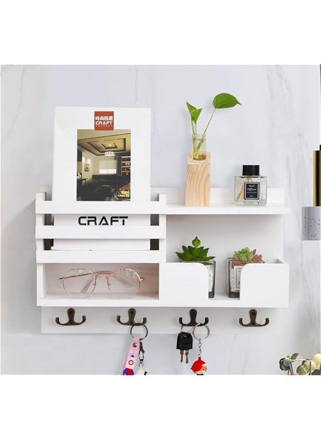 HOOKOR Wall Mounted Key Holder/Hangers for Wall Decorative with 4 Key Hooks, Wooden Mail Rack Organizer with Shelf, Rustic Home Decor for Entryway Mudroom Hallway Office (White)  - Image 1