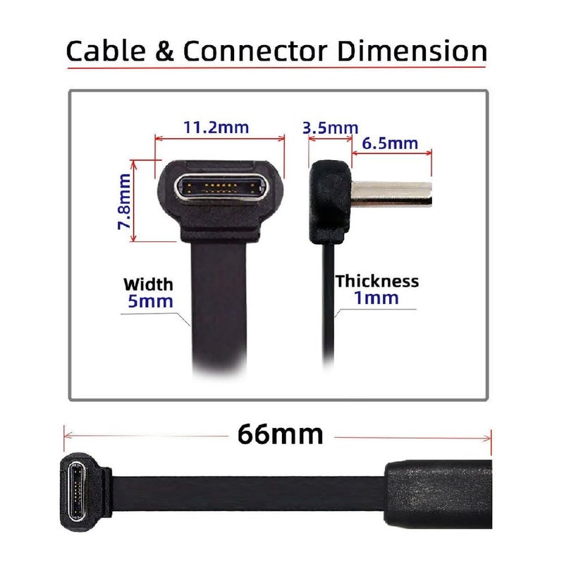 xiwai Ultra Slim Flat USB-C Type-C Male to Female 90 Degree Up Down Angled Extension Power USB2.0 Data Cable 65W Fast Charge for Laptop Tablet Phone 6cm - Image 2