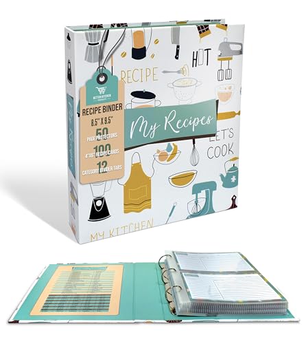 Better Kitchen Products Recipe Binder, 8.5" x 9.5" 3 Ring Binder Organizer Set (with 50 Page Protectors, 100 4" x 6" Recipe Cards & 12 Category Divider Tabs) Vintage Kitchen Design - Image 1