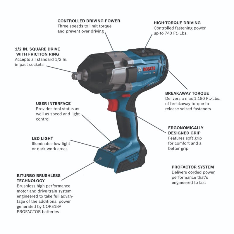 BOSCH GDS18V-740N PROFACTOR 18V 1/2 In. Impact Wrench with Friction Ring (Bare Tool) - Image 3
