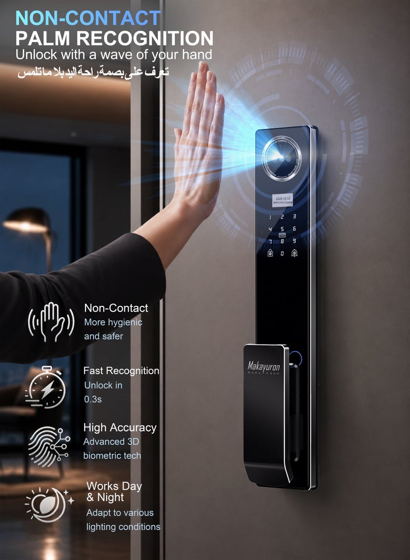 ماكايورون **قفل باب ذكي Makayuron مصنوع بالكامل من الألمنيوم بتقنية CNC مع WiFi، مزود ببطارية سعة 5000mAh، ويدعم طرق فتح متعددة تشمل التعرف على الوجه، وبصمة الإصبع، وبصمة راحة اليد، وكلمة المرور، وتطبيق Tuya، مع جسم قفل (Mortise) من نوع 6068. (D1proU-Black)** - Image 3