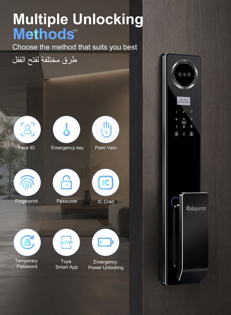 ماكايورون **قفل باب ذكي Makayuron مصنوع بالكامل من الألمنيوم بتقنية CNC مع WiFi، مزود ببطارية سعة 5000mAh، ويدعم طرق فتح متعددة تشمل التعرف على الوجه، وبصمة الإصبع، وبصمة راحة اليد، وكلمة المرور، وتطبيق Tuya، مع جسم قفل (Mortise) من نوع 6068. (D1proU-Black)** - Image 2