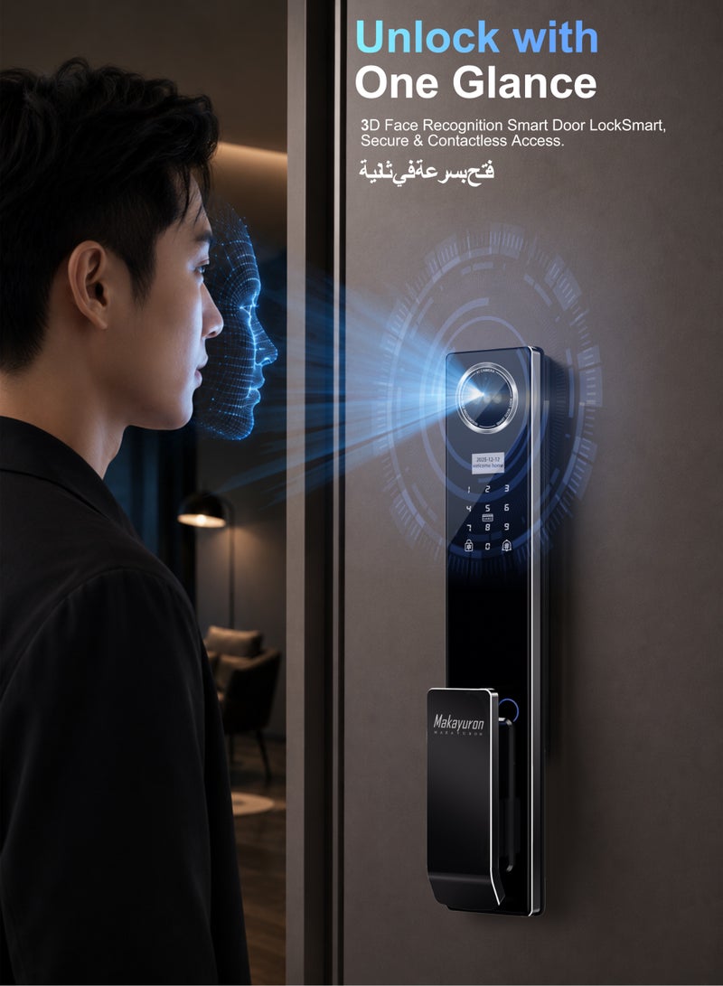 ماكايورون **قفل باب ذكي Makayuron مصنوع بالكامل من الألمنيوم بتقنية CNC مع WiFi، مزود ببطارية سعة 5000mAh، ويدعم طرق فتح متعددة تشمل التعرف على الوجه، وبصمة الإصبع، وبصمة راحة اليد، وكلمة المرور، وتطبيق Tuya، مع جسم قفل (Mortise) من نوع 6068. (D1proU-Black)** - Image 4