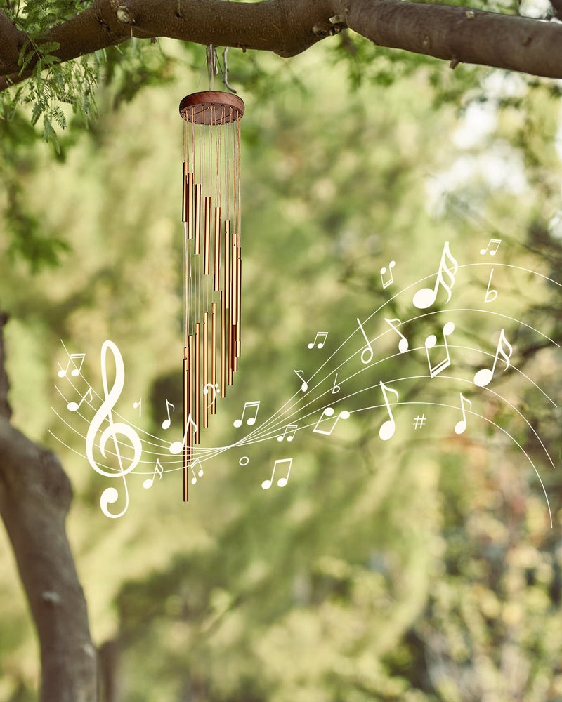 الرسومات الهوائية الذهبية: أنابيب من الخشب الأحمر المتين والسبيكة الألومنيومium العلوية بطول 36 بوصة - تصميم حلزوني بأصوات واضحة ومتناغمة لتزيين المنزل والحديقة والمناطق الخارجية - Image 3