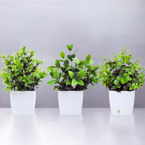 Go Hooked Artificial Plants mini pots Faux Plants Small Indoor for Home Farmhouse Bathroom Shelf Dcor Height 17CM Green and White 3 (Design May Vary) - Image 1