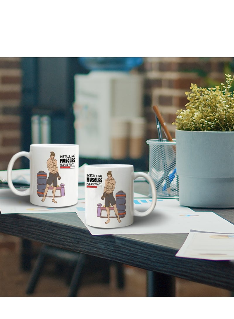 حكاية شمعة مج من السيراميك بطبعة تصميم "رياضة الجيم" بلون أبيض - Image 1