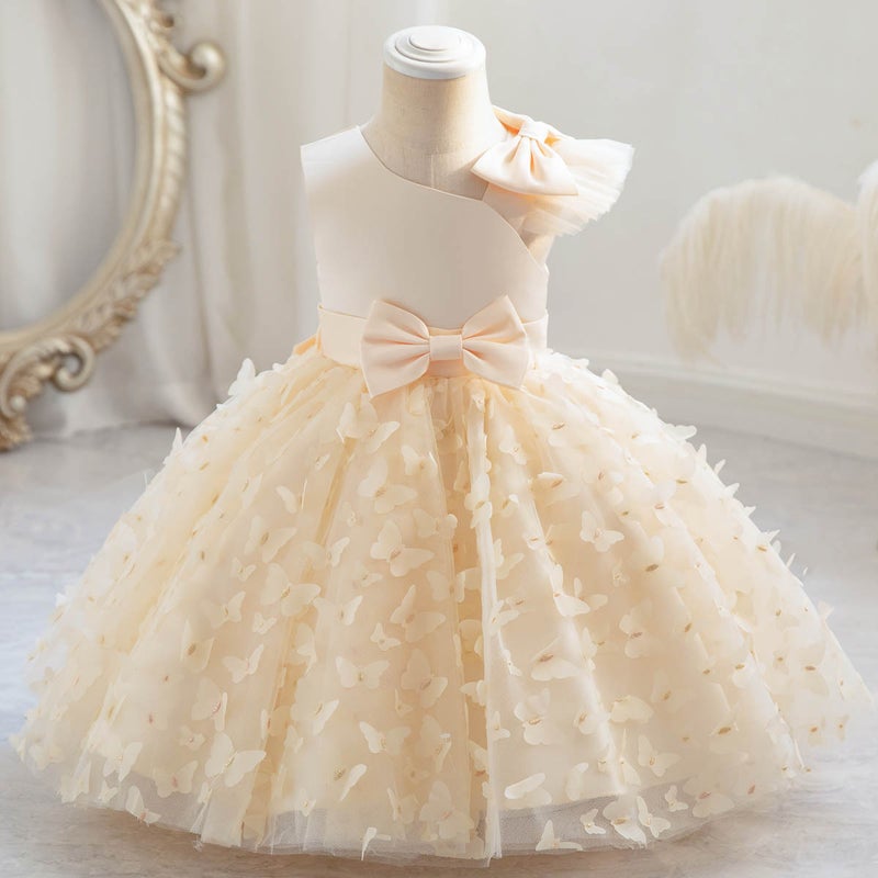 New girls solid color princess year-old bow puffy dinner performance dress year-old catch week dress wholesale Champagne