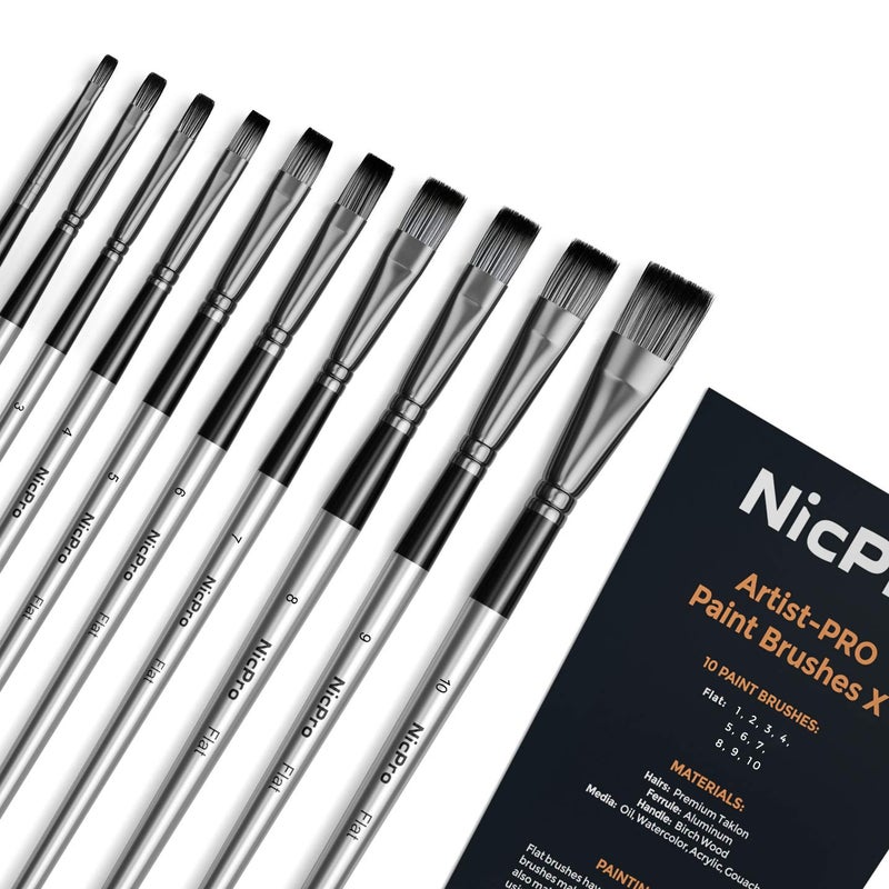 Nicpro 10 PCS Flat Paint Brush Set Art Painting Brushes for Acrylic Watercolor Oil Gouache Craft Detail Face Body Painting Base Coating Artist Paintbrush Kit for Kid Adult - Image 2