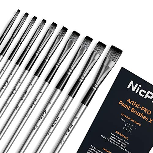 Nicpro 10 PCS Flat Paint Brush Set Art Painting Brushes for Acrylic Watercolor Oil Gouache Craft Detail Face Body Painting Base Coating Artist Paintbrush Kit for Kid Adult - Image 1