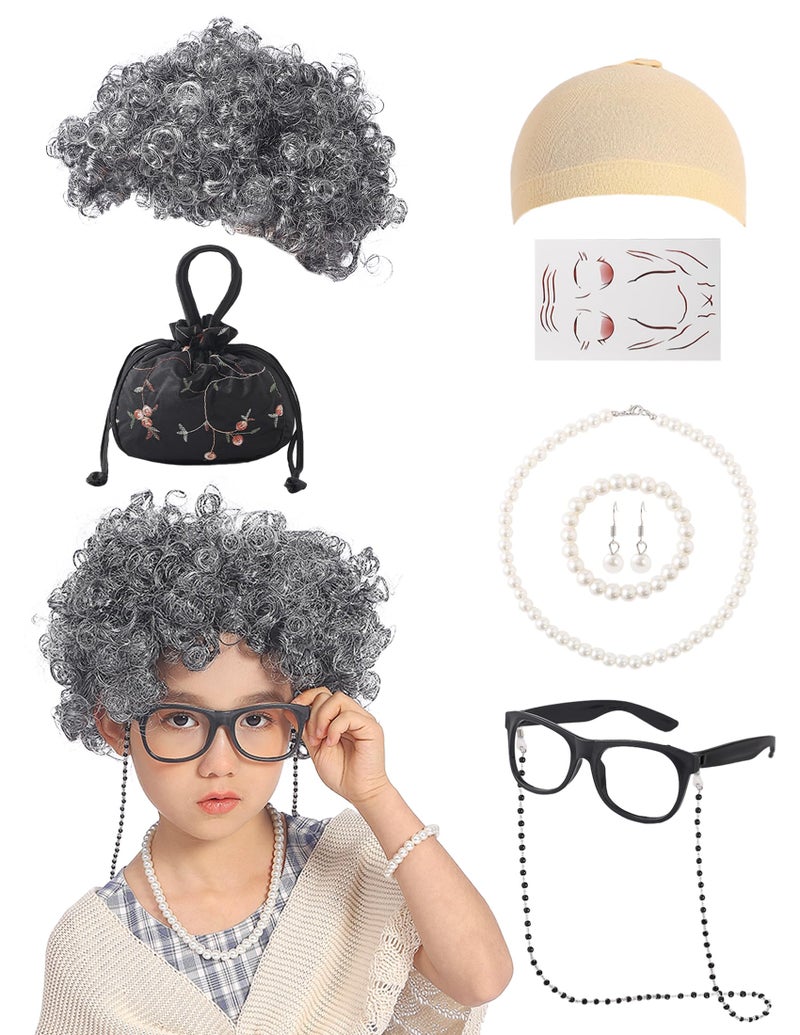 EchoElce 100 Days of School Costume for Girls Old Lady Costume for Kids Grandma Wig Glasses Chain Necklace Bracelet Grandma Dress up Cosplay Accessories Set (Black) - Image 1