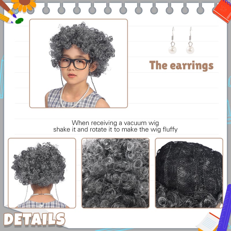 EchoElce 100 Days of School Costume for Girls Old Lady Costume for Kids Grandma Wig Glasses Chain Necklace Bracelet Grandma Dress up Cosplay Accessories Set (Black) - Image 3