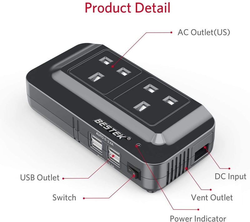 BESTEK محول الطاقة BESTEK 200 واط DC 12 فولت إلى AC 230 فولت 240 فولت مع 3 مآخذ و 4 منافذ USB - Image 2