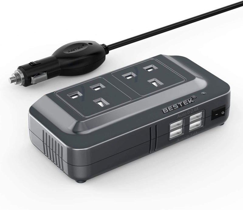 BESTEK محول الطاقة BESTEK 200 واط DC 12 فولت إلى AC 230 فولت 240 فولت مع 3 مآخذ و 4 منافذ USB - Image 1