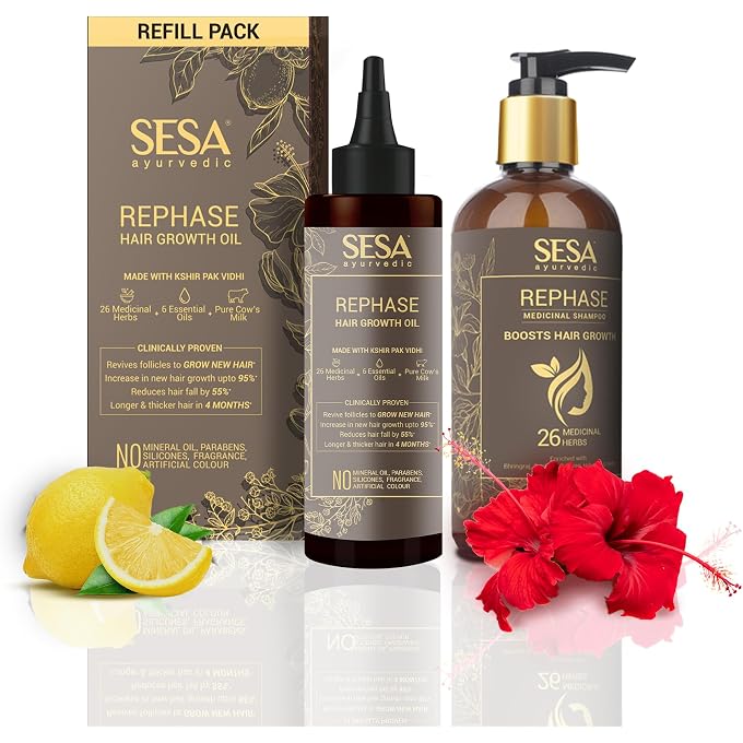 Sesa Ayurvedic Rephase Refill Hair Oil 100 Ml And Rephase Shampoo 300 Ml With 26 Herbs And 6 Essential Oils Help Control Hair Fall & Strengthen Roots Hair Combo For Women And Men - Image 1