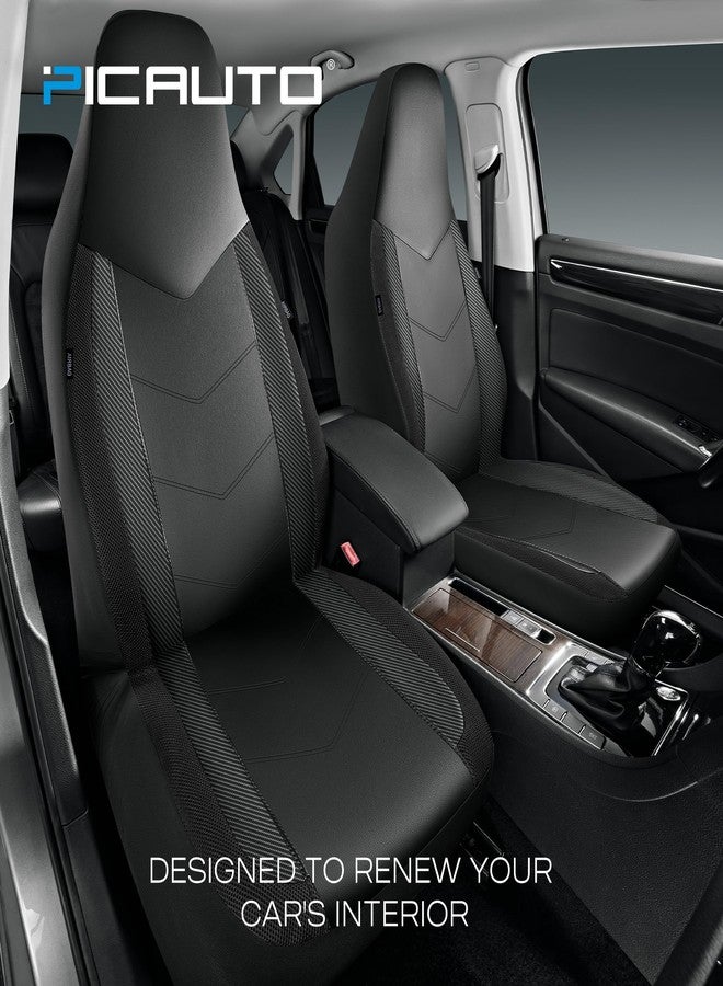 PIC AUTO Leather Car Seat Covers, Sports Carbon Fiber & Mesh Design, High-Back Two Front Set, Waterproof Automotive Seat Covers, Airbag Compatible, Universal Fit for Most Cars (Black & Black) - Image 2