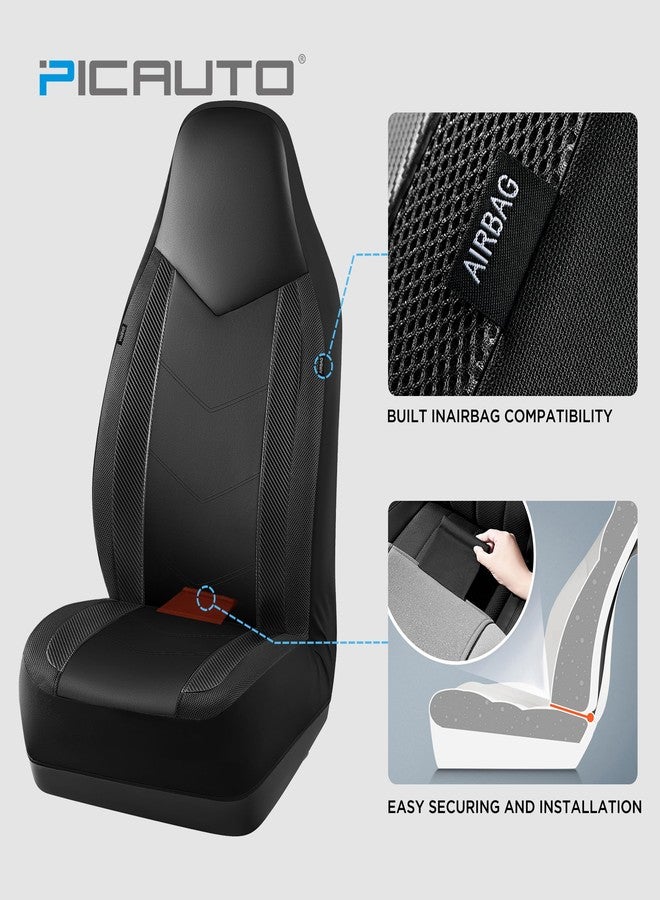 PIC AUTO Leather Car Seat Covers, Sports Carbon Fiber & Mesh Design, High-Back Two Front Set, Waterproof Automotive Seat Covers, Airbag Compatible, Universal Fit for Most Cars (Black & Black) - Image 3