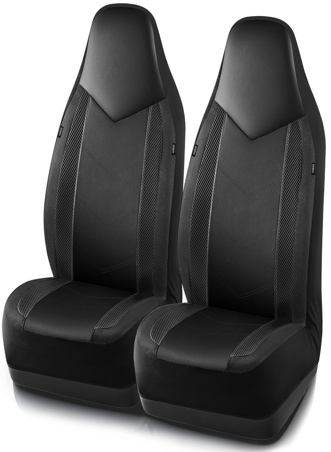 PIC AUTO Leather Car Seat Covers, Sports Carbon Fiber & Mesh Design, High-Back Two Front Set, Waterproof Automotive Seat Covers, Airbag Compatible, Universal Fit for Most Cars (Black & Black)