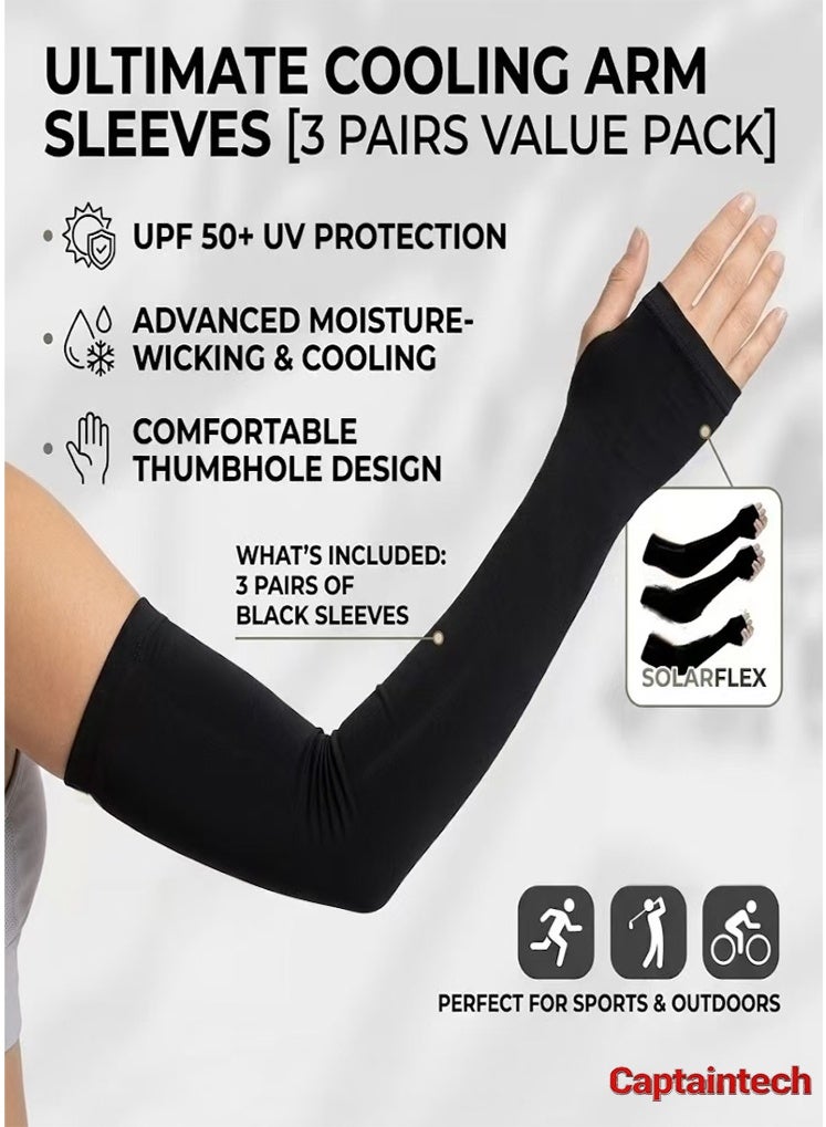 Captaintech 3 pairs of black sun protection arm guards, UPF 50+sun protection, with thumb holes, non slip fit, suitable for sports and outdoor activities - Image 1
