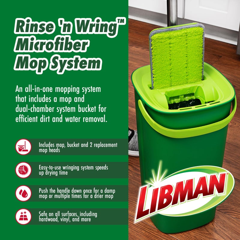 Libman Commercial نظام دلو وممسحة ليبمان للغسل والعصر، ممسحة ميكروفايبر جافة ورطبة لتنظيف الأرضيات، خشب صلب، لامينيت، منظف بلاط، تصميم دلو ذو حجرتين، 2 وسادات استبدال رأس تعبئة إجمالية - Image 2