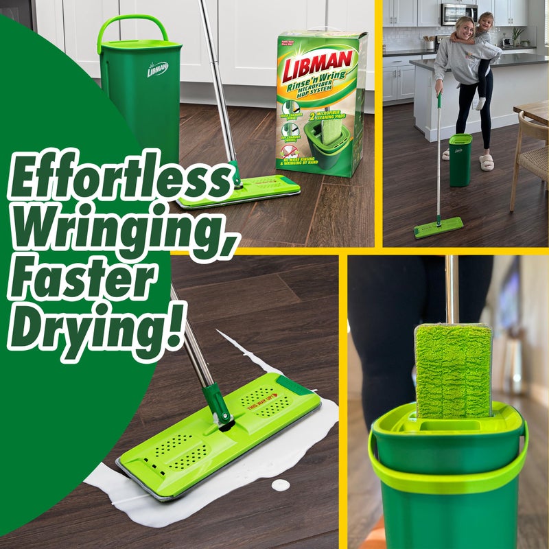 Libman Commercial نظام دلو وممسحة ليبمان للغسل والعصر، ممسحة ميكروفايبر جافة ورطبة لتنظيف الأرضيات، خشب صلب، لامينيت، منظف بلاط، تصميم دلو ذو حجرتين، 2 وسادات استبدال رأس تعبئة إجمالية - Image 5