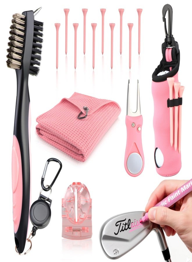 Golfupp Pink Golf Accessories for Women, Acrylic Paint Ink 16 Pcs Golf Essentials Kit - Golf Club Brush & Golf Towel, Tee & Ball Holder for Bag, Divot Tool & Ball Maker, Golf Club Cleaning Kit - Golf Gifts - Image 1