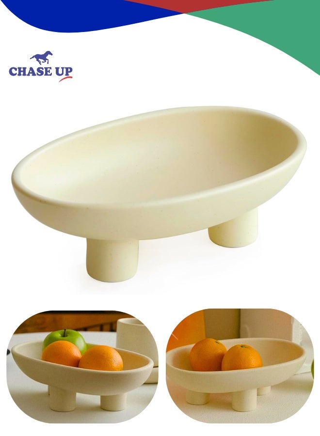 Chase Up Three-Legs Ceramic Fruit Bowl for Kitchen Counter, Decorative Bowl for Table Décor, 10-inch Oval Large Bowls for Breads, Matte Crème - Image 1