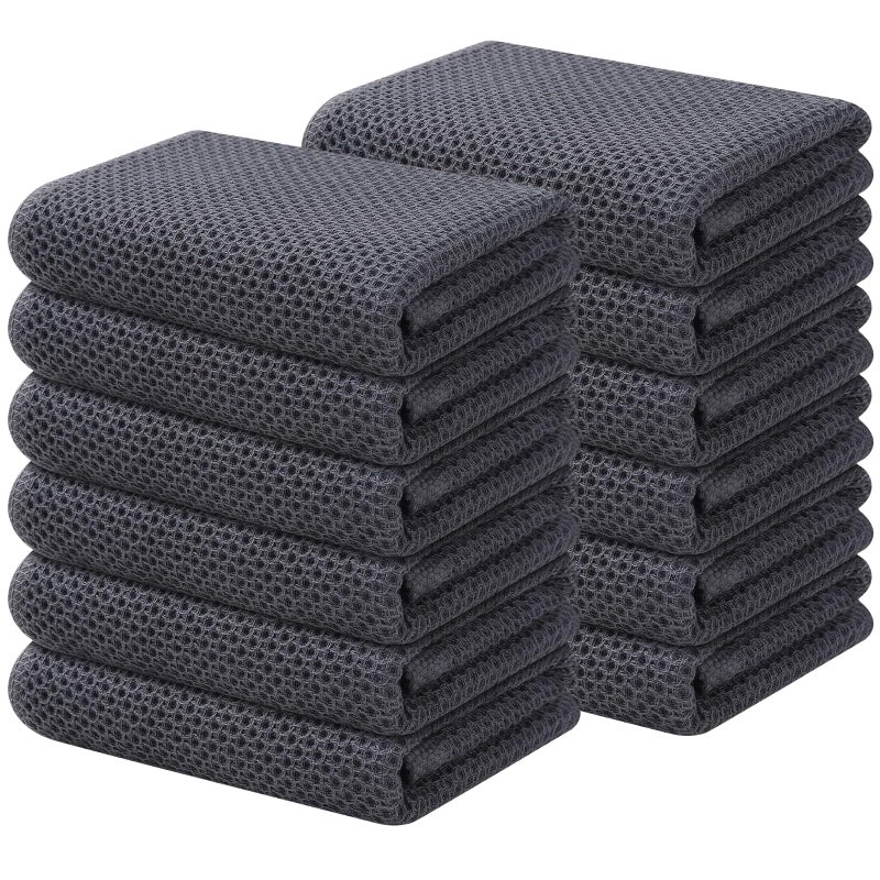 Kitinjoy 100% Cotton Waffle Weave Kitchen Towels  12-Pack Super Soft and Absorbent Kitchen Dish Towels for Drying Dishes  Kitchen Hand Towels  13 in x 28 in  Dark Grey - Image 1