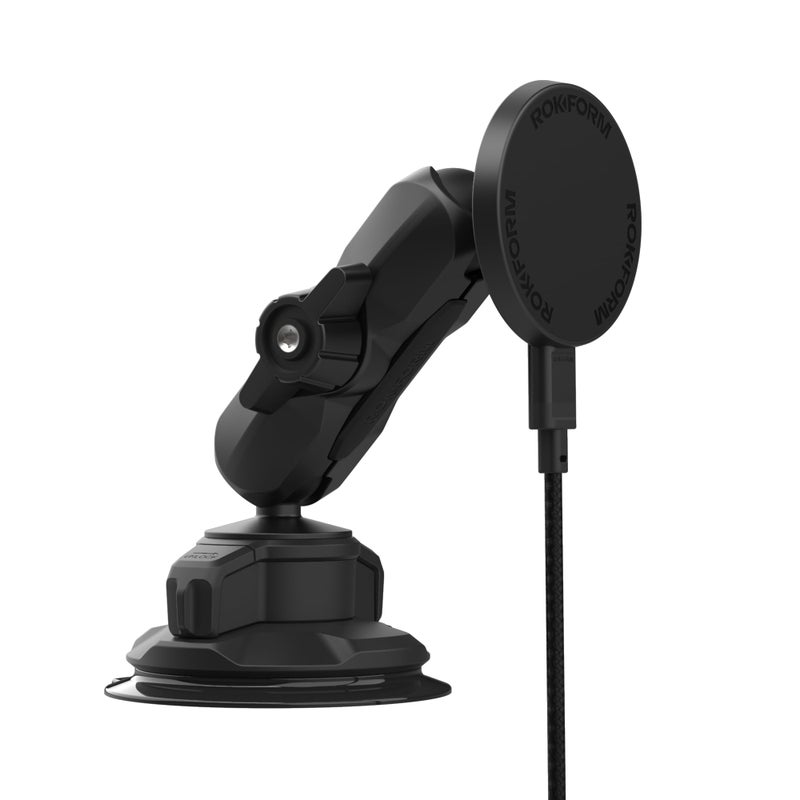 Rokform Wireless Car Charger, Magnetic Windshield Phone Mount, Twin Ball Adjustment 360Â° Rotation, Compatible with Mag Safe Cases, Strong Suction Cup, USB-C to USB-C Cable Included (Black) - Image 1