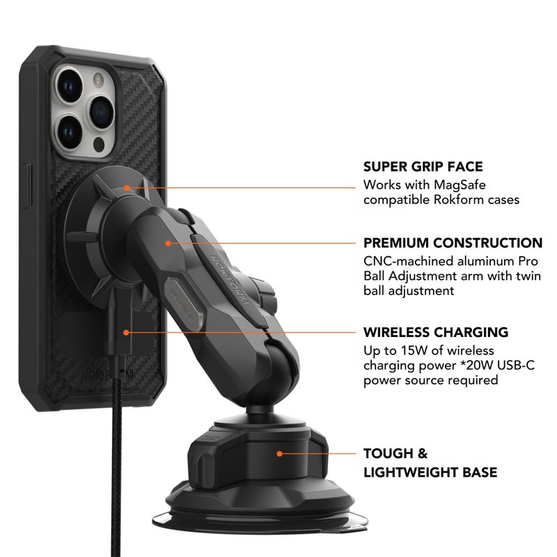 Rokform Wireless Car Charger, Magnetic Windshield Phone Mount, Twin Ball Adjustment 360Â° Rotation, Compatible with Mag Safe Cases, Strong Suction Cup, USB-C to USB-C Cable Included (Black) - Image 2