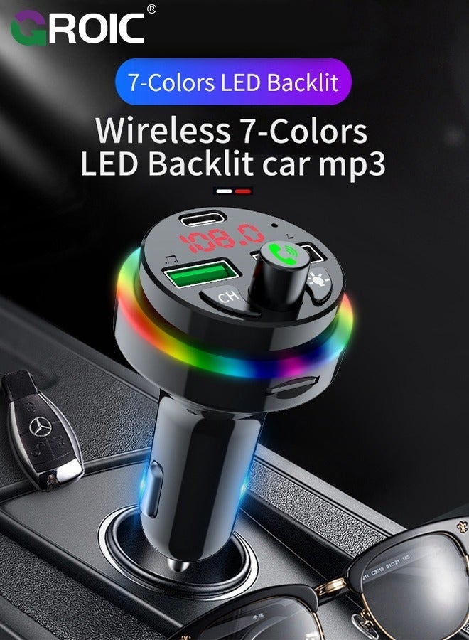 GROIC Bluetooth Car FM Transmitter, Music Lighter Player with MP3, 2 USB Ports, Adapter Auxiliary Connector, Wireless Hands-Free 7 Colors LEDs, Supports TF Card/USB Suppo  - Image 2