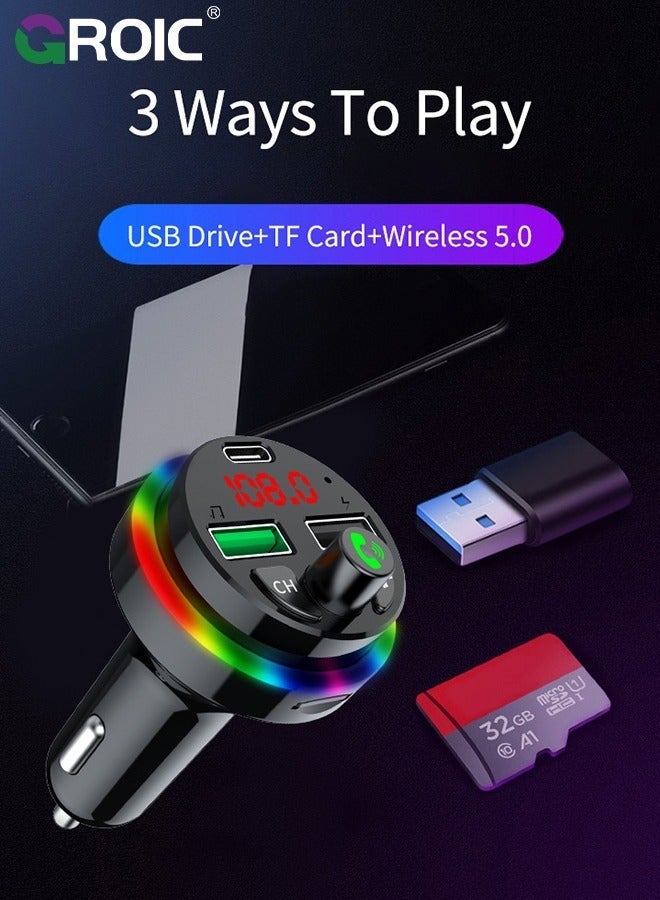 GROIC Bluetooth Car FM Transmitter, Music Lighter Player with MP3, 2 USB Ports, Adapter Auxiliary Connector, Wireless Hands-Free 7 Colors LEDs, Supports TF Card/USB Suppo  - Image 5