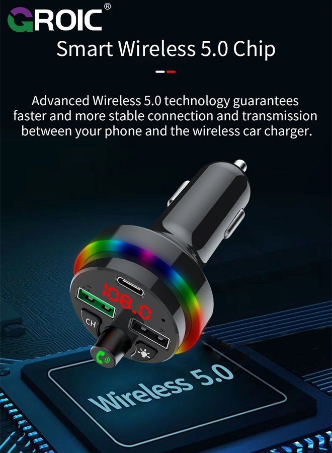 GROIC Bluetooth Car FM Transmitter, Music Lighter Player with MP3, 2 USB Ports, Adapter Auxiliary Connector, Wireless Hands-Free 7 Colors LEDs, Supports TF Card/USB Suppo  - Image 3