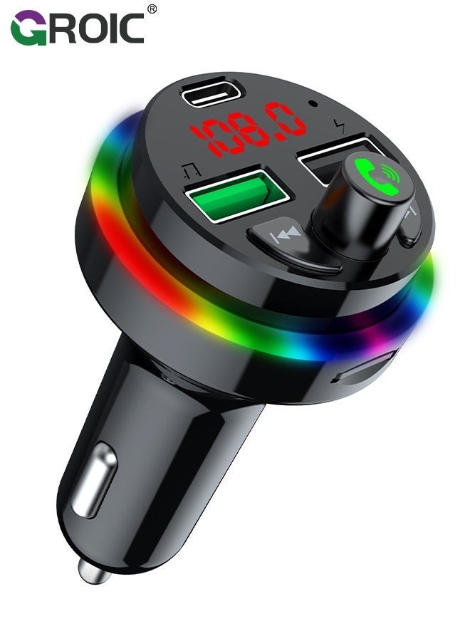 GROIC Bluetooth Car FM Transmitter, Music Lighter Player with MP3, 2 USB Ports, Adapter Auxiliary Connector, Wireless Hands-Free 7 Colors LEDs, Supports TF Card/USB Suppo  - Image 1