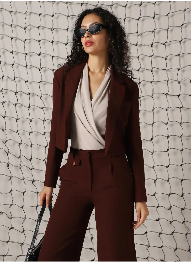 Hubberholme Women's Brown Cotton Blend Solid Oversized Blazer