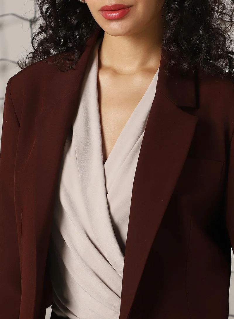 Hubberholme Women's Brown Cotton Blend Solid Oversized Blazer