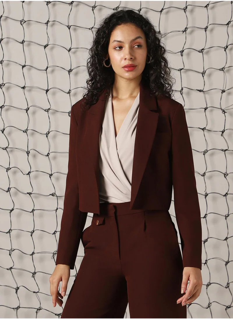 Hubberholme Women's Brown Cotton Blend Solid Oversized Blazer