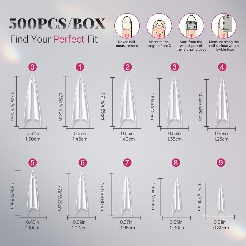 krofaue Extra Long Stiletto Nail Tips - 500PCS False Clear Nais with 10 Sizes Half Cover Pointed Press On Artificial Acrylic for Salon DIY, XL - Image 2