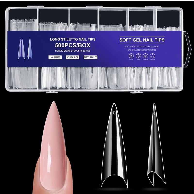 krofaue Extra Long Stiletto Nail Tips - 500PCS False Clear Nais with 10 Sizes Half Cover Pointed Press On Artificial Acrylic for Salon DIY, XL - Image 1