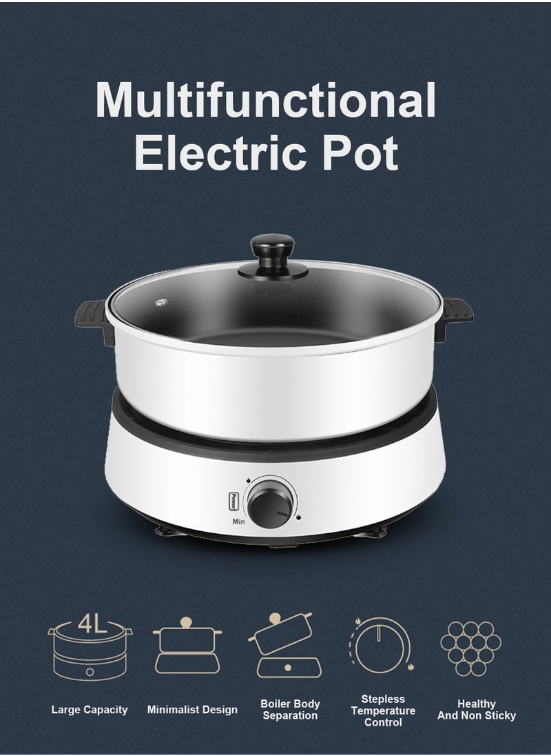ET-LIFE Multi-Functional Electric Hot Pot for Fry/Boil/Suffocate, 1350W Shabu Hot Pot Non-Stick Electric Cooker, 4 Liters with Tempered Glass Lid TKM-001 White  - Image 2