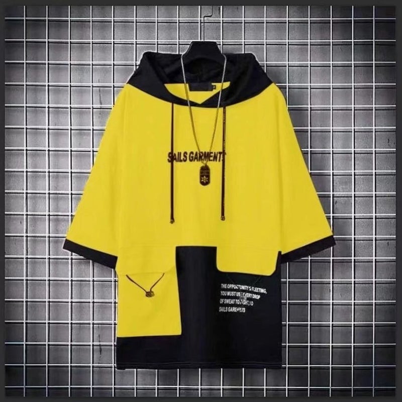 Summer Short Sleeve Hoodie Mens Thin Casual Sweatshirt Printed Color Block Pocket Yellow - Image 1