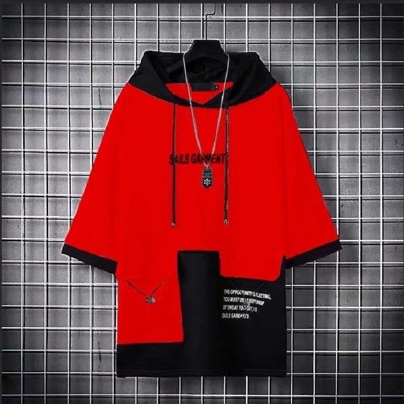Summer Short Sleeve Hoodie Mens Thin Casual Sweatshirt Printed Color Block Pocket Yellow - Image 2