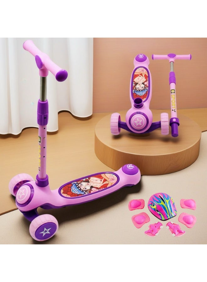 EASY FUTURE Scooters for Kids with Foldable & Height Adjustable Handle Kick Scooter with LED PU Wheels & Rear Brake & Music Kids Scooter for 3 to 8 Years Including Full Protective Gear Set - Image 1