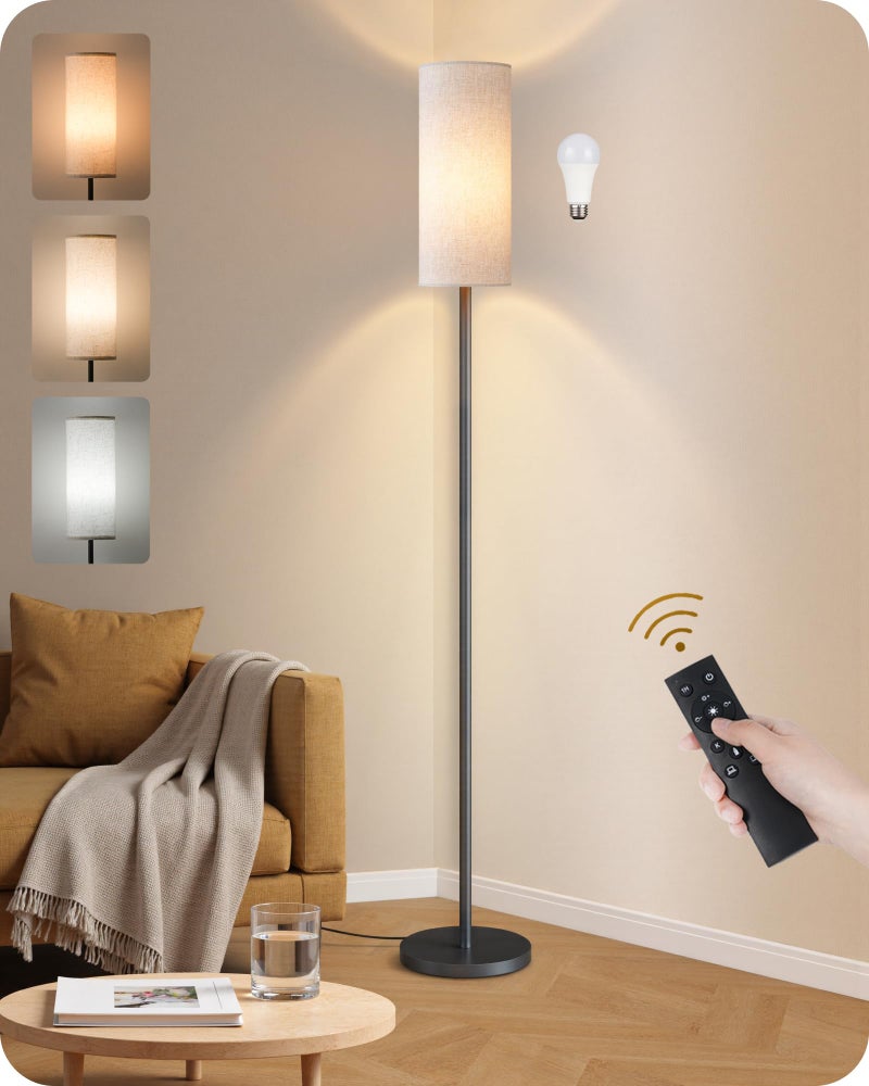 GOEBLESON Dimmable Floor Lamp for Living Room with Remote and Foot Switch, Corner Floor Lamp, 64.4" Standing Tall Lamp, 10W 900LM LED Bulb Included, 3000K-6500K, Linen Shade, Weighted, FCC Listed W06LD05W1 - Image 1