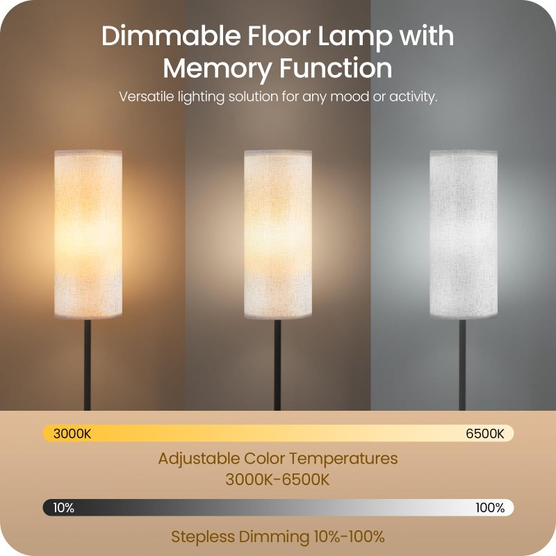 GOEBLESON Dimmable Floor Lamp for Living Room with Remote and Foot Switch, Corner Floor Lamp, 64.4" Standing Tall Lamp, 10W 900LM LED Bulb Included, 3000K-6500K, Linen Shade, Weighted, FCC Listed W06LD05W1 - Image 4