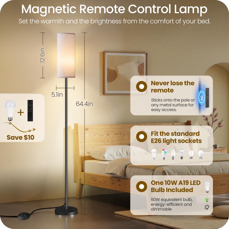 GOEBLESON Dimmable Floor Lamp for Living Room with Remote and Foot Switch, Corner Floor Lamp, 64.4" Standing Tall Lamp, 10W 900LM LED Bulb Included, 3000K-6500K, Linen Shade, Weighted, FCC Listed W06LD05W1 - Image 2