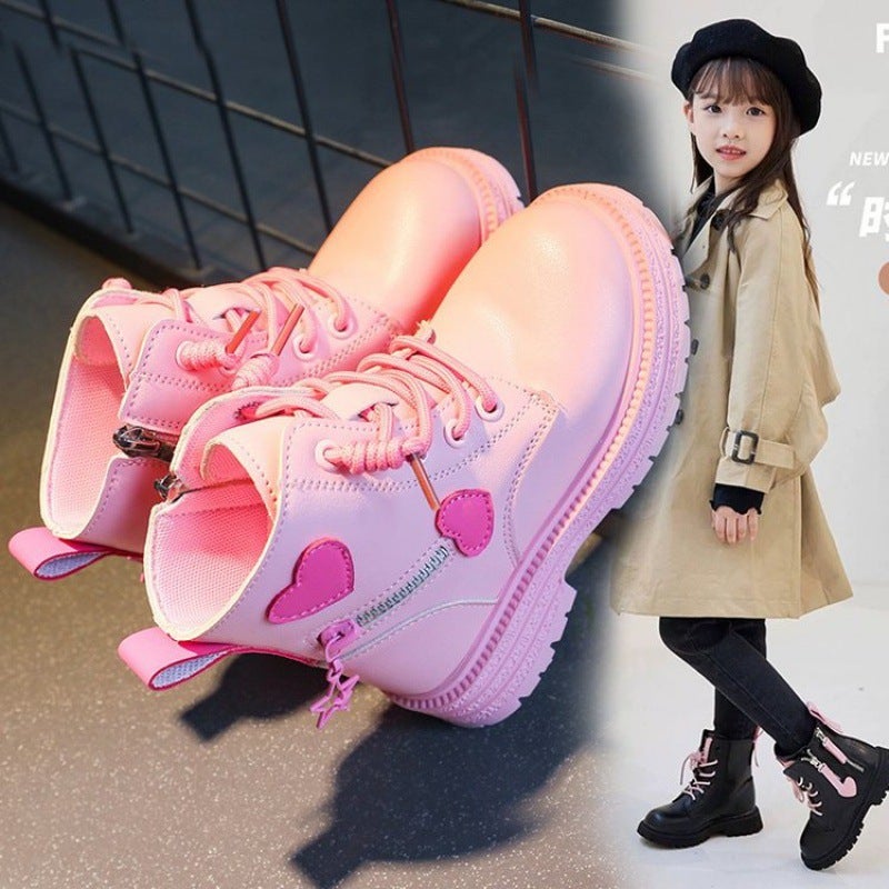 Children'S Side Zipper 4 Years Old Low Tube Ultra-Fiber Leather Flat Boots Winter Rubber Stitching Martin Boots - Image 4