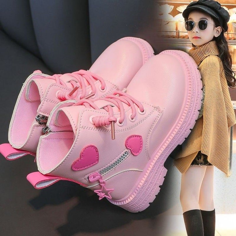 Children'S Side Zipper 4 Years Old Low Tube Ultra-Fiber Leather Flat Boots Winter Rubber Stitching Martin Boots - Image 3