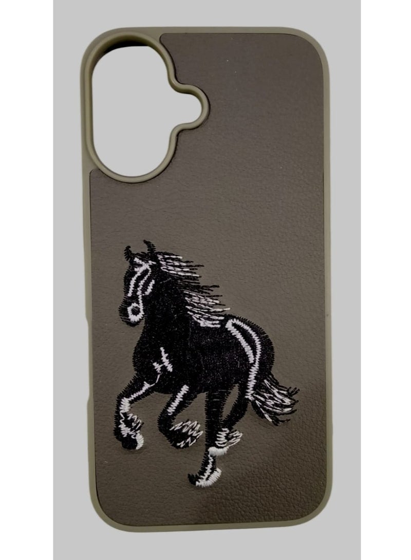 كيس جراب هاتف مضاد للصدمات بتصميم تطريز حصان لهاتف آيفون 16 باللون رمادي داكن - Image 1