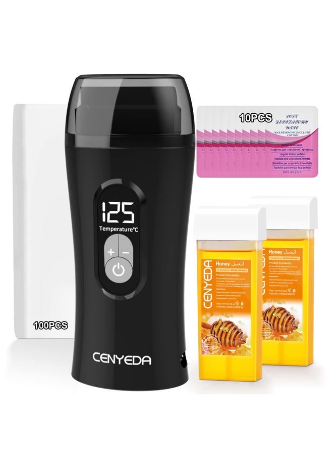 CENYEDA Digital Honey Wax Kit for Women's Hair Removal - Roll On Warmer with 2 Cartridges and 100 Wax Strips - Image 1